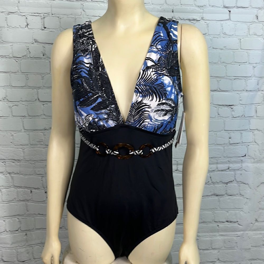 Jantzen One Piece Swimsuit Black Blue Palms Size 10